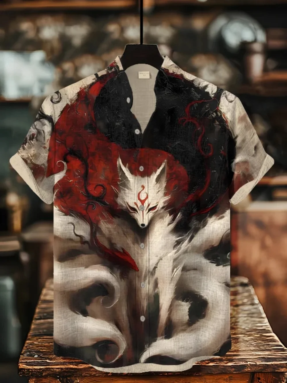 メンズヴィンテージレコードプリントスタンドカラーショートスリーブカーディガン、ファッショナブルなリネン製プラスサイズトップス、迅速発送対応