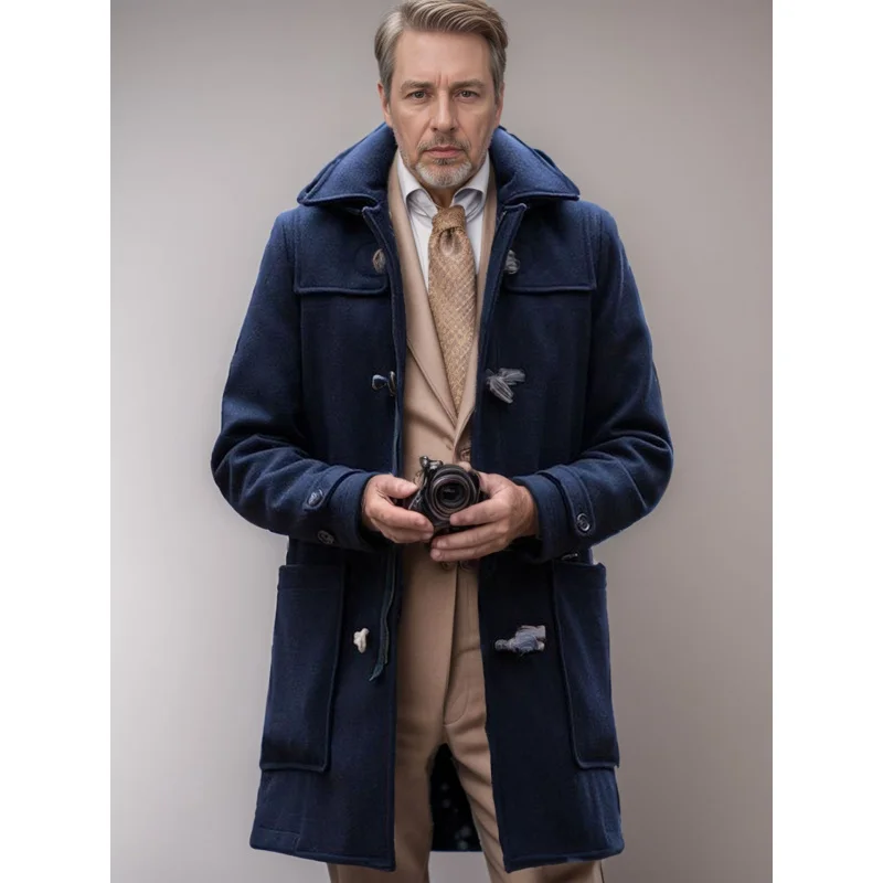 

2024Products in Stock New Men's Fashion Wear Mid-Length Lapel Horn Button Woolen Coat Commuter Coat