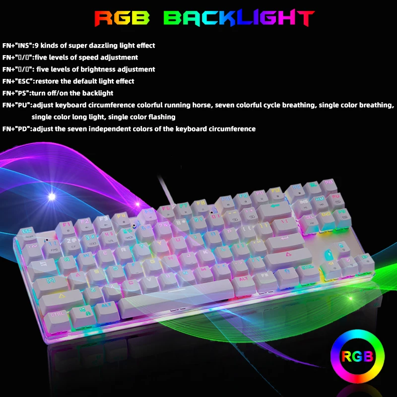 

New K87S RGB Gaming Mechanical Keyboard USB Wired 87 Keys Red/Blue Switch Laser RU Keypads For PC Computer Gamer