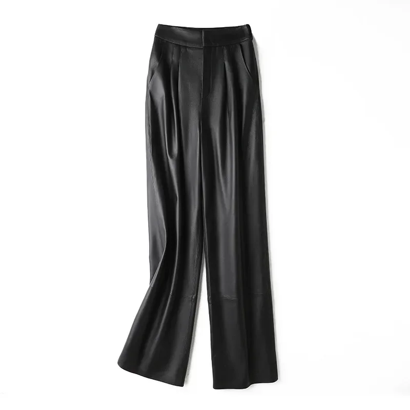 Autumn Winter Women 100% Natural Genuine Leather Straight Trousers Femme Loose  Elastic Waist Casual Pants