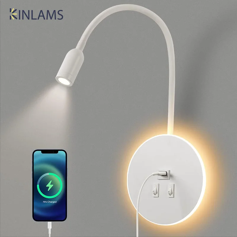 Lampu LED dinding membaca samping tempat tidur, lampu belajar Telepon LED pengisian daya dinding dapat diputar Port USB TypeC mengisi lampu dinding