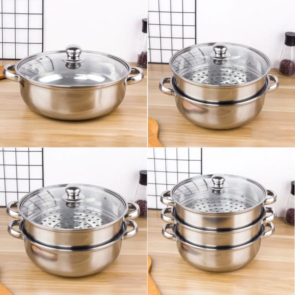Stainless Steel Vegetable Steamer Pan Set Transparent Glass Lid Steaming Cookware 1/2/3-Layer Stacktable Food Veg Cooker Pot