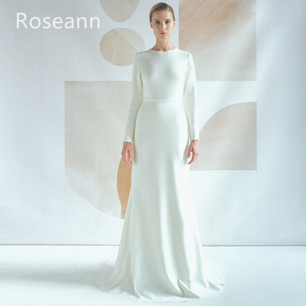Customized Muslim High Quality Ivory A-line Wedding Dresses Satin O-Neck 2025 Brush Train Bride Gown Floor Length robe de mariée
