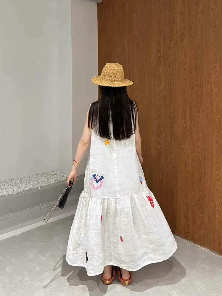 Summer Beautiful Simple Large Hollow out Money Style Linen White Loose Print Vest Dress Women's Casual Fashion Elegant