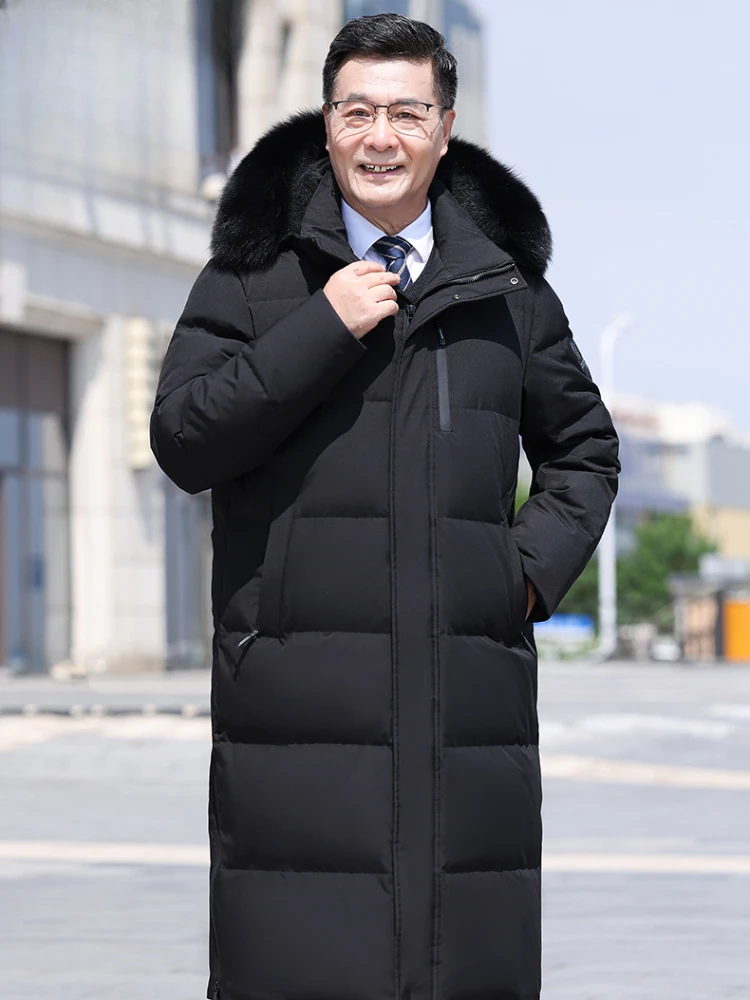 Down Jacket Coating Cloth Solid Color Detachable Hat Business Casual Detachable Collar Winter Coat  Middle-Aged and Elderly Men