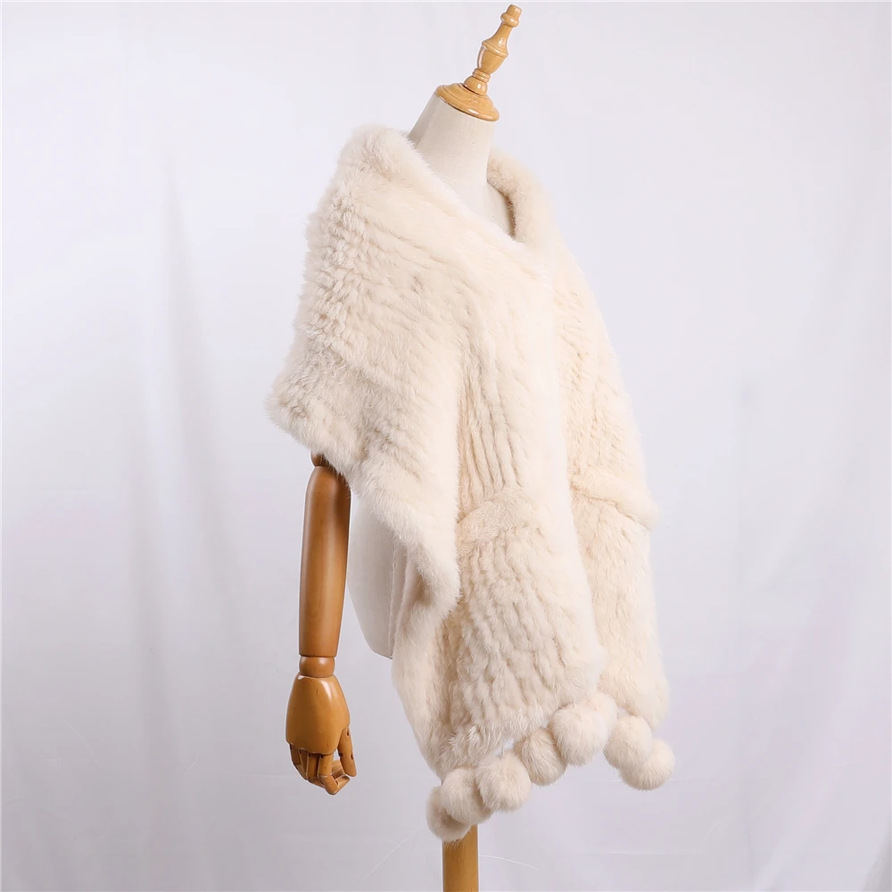 Luxe Vrouwen Echte Echte Gebreide Konijnenbont Sjaals Lady Pashmina Wraps Herfst Winter Vrouwen Bont Cape Sjaals Sjaals Pom poms