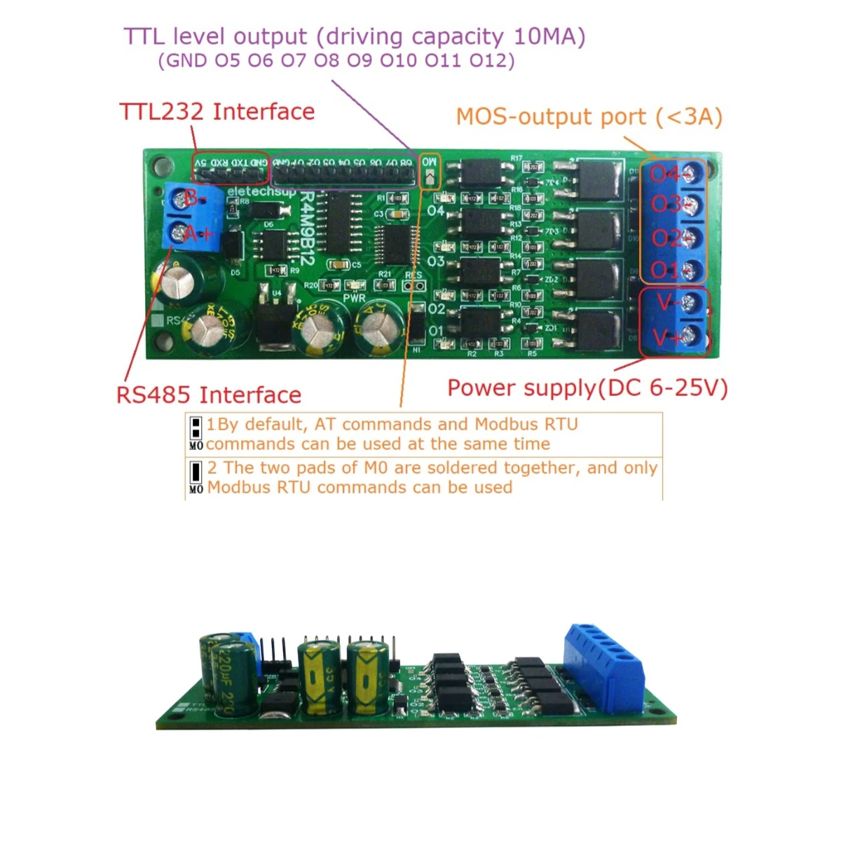 DC 12V 24V RS485 Multifunction Solid State Relay Module 4CH MOS transistor & 8CH TTL Level Ouput Board Modbus RTU & AT Command