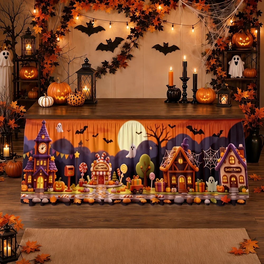 1 tablecloth  Halloween village scene tablecloth  polyester festive scary imaginative comfortable