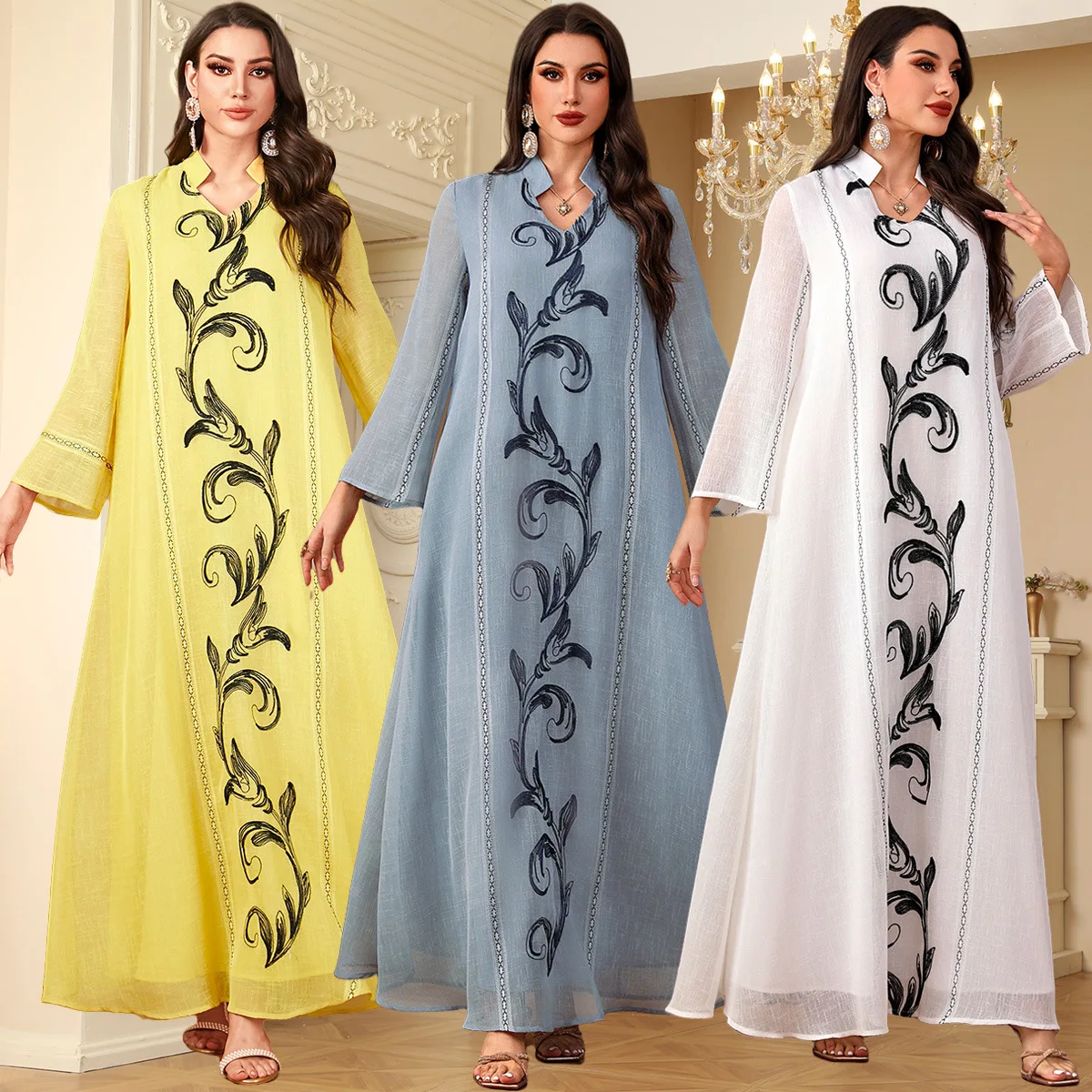 

Abaya, Middle East Women's Fashion Elegant Muslim Robe Embroidery Patchwork Dubai Dress, Women Embroider Flower Robe Vestidos