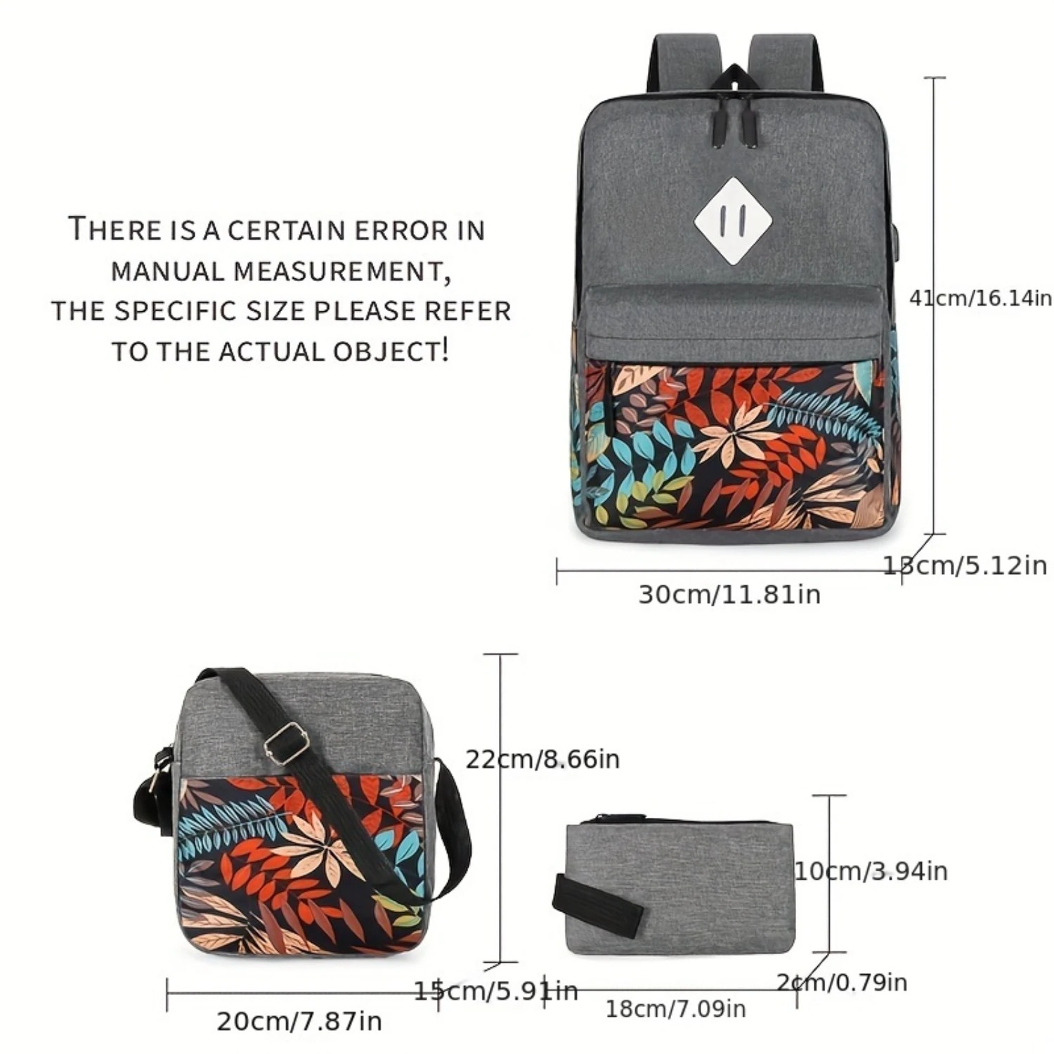 Classic Leaves Pattern Backpack Set, Large Capacity Travel Backpack with Shoulder Bag & Clutch Pouch