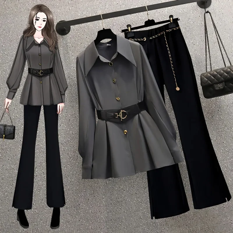 Spring Autumn Suits Women 2024 New Trousers Shirt Two-Piece Suit Fashion Belt Shirts Bell-Bottoms Pure Colour Pant Sets Female