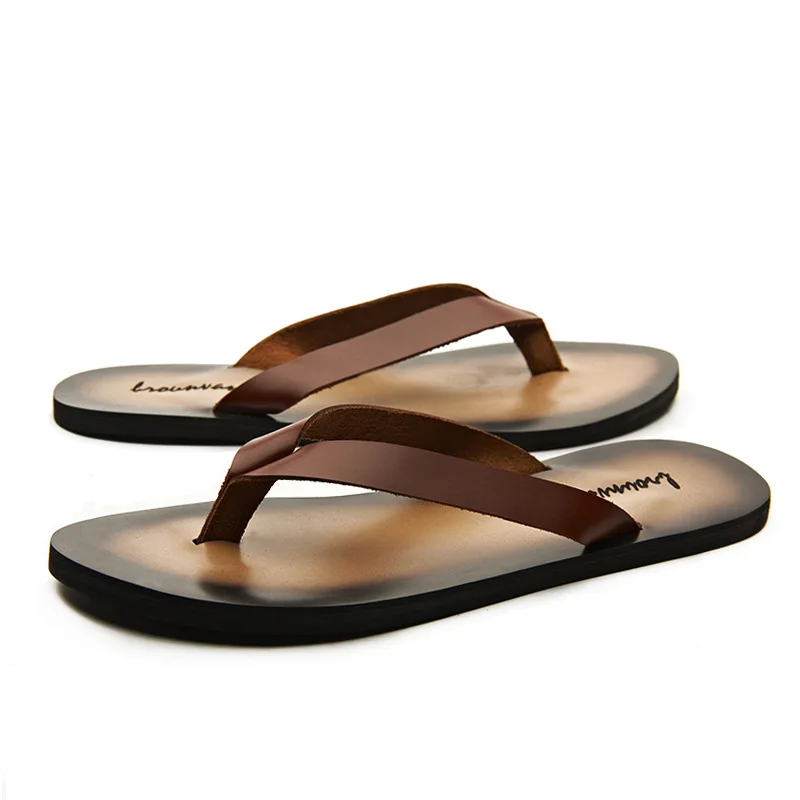Classic Genuine Leather Mens Slippers 2024 Summer New Outdoor Handmade Comfortable Quality Beach White Flip Flops Flat Shoes Man