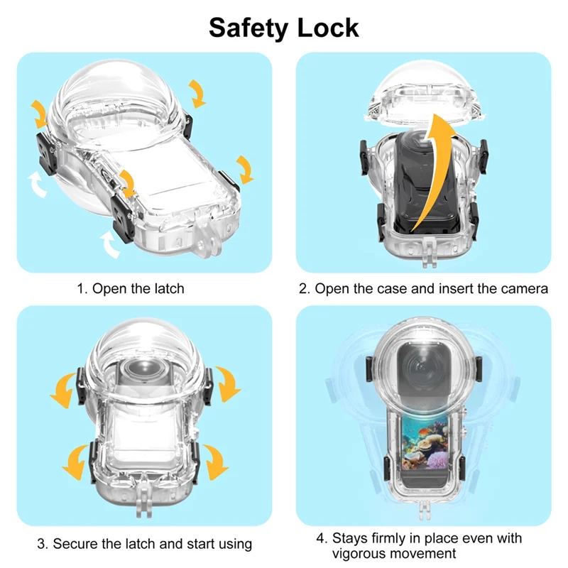 VO-Insta360 X5 방수 다이빙 케이스 60M 수중 하우징 스포츠 카메라용 투명 쉘