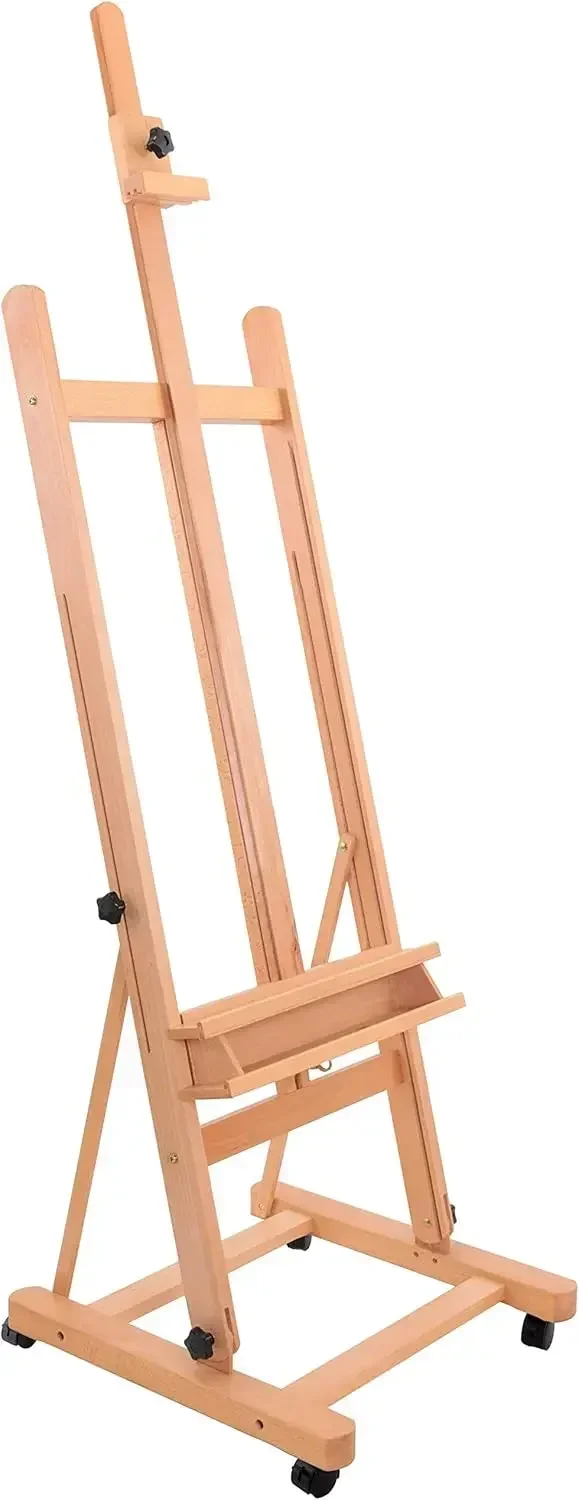 Medium Wooden Studio H Frame Easel with Storage Tray and Wheels - Adjustable to 96" High, Holds 48" Canvas - Beechwood Artist Ea