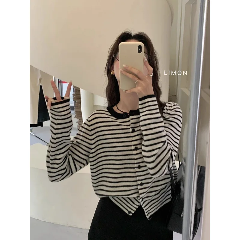 

FL Korean Sle Women's Knitted Open Cardigan Early Autumn Outerwear Color Blo Loose Layering Top Inner Wear Striped Design Women
