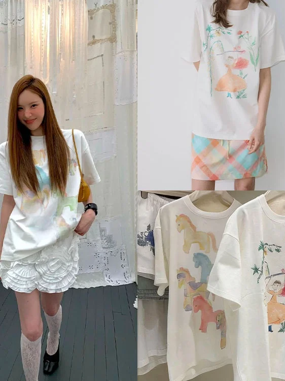 Cute Sinoon Short Sleeve T-Shirt Hand-Drawn Floral Print   Design Cotton Spring Fashion Ladies' Top