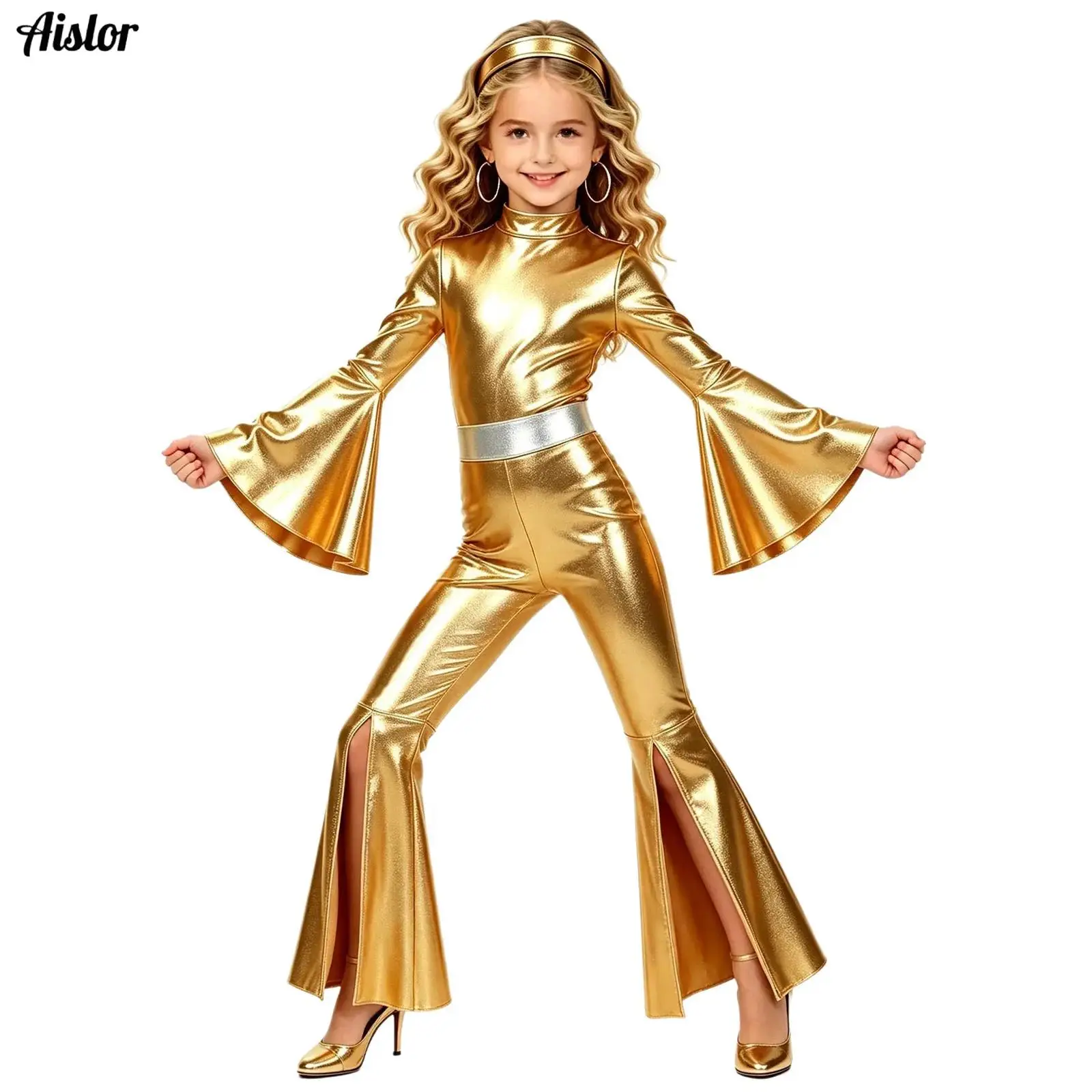Kids Girls Disco Party Jazz Dance Costume Split Bell-bottom Metallic Jumpsuit Long Flared Sleeves Mock Neck Bodysuit+Headband