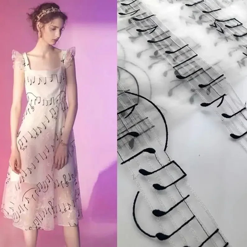 

Ivory Music Note Embroidered Lace Fabric Musical Notes Tulle Fabric For Wedding Dress Veil Costume Supplies By The Yard