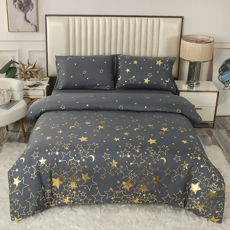 Fashion Grey Bronzing Star Print Duvet Cover Set Bedding Set, Gold Stars Moon Metallic Foil Comfortable Duvet Cover, for Bedroom