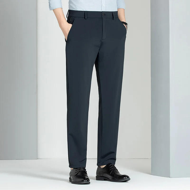 Summer New Fashion Men Super Stretchy Black Navy Grey Khaki Solid Color Simple Basic Trendy Casual Suit Trousers Male Clothes