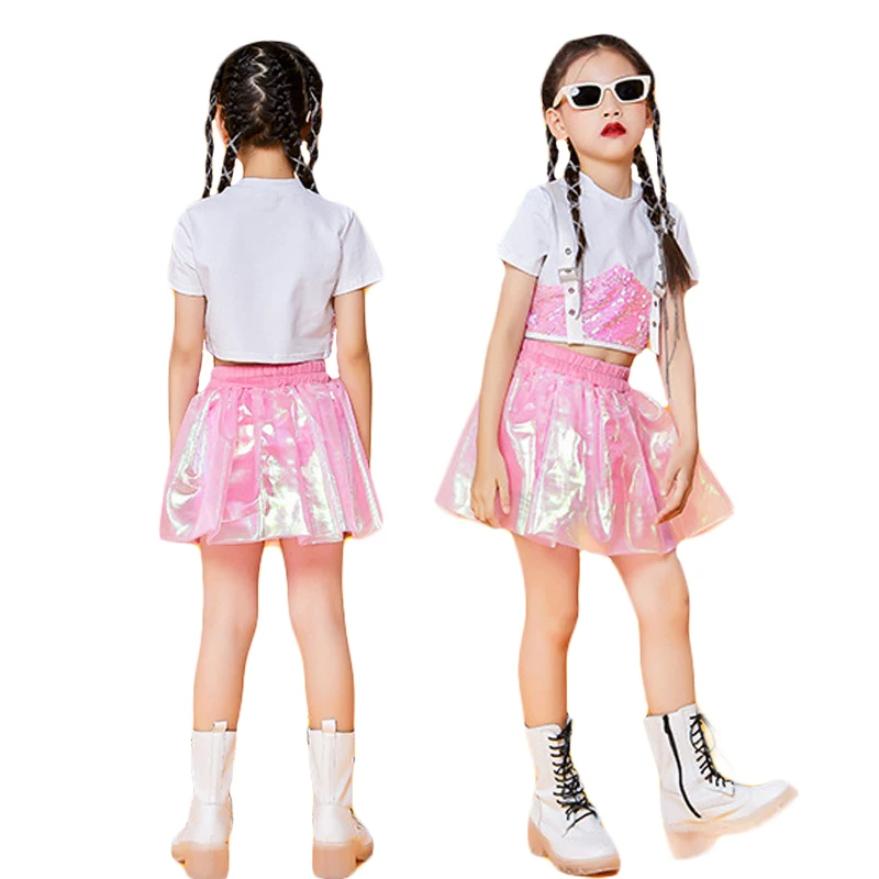 LOlanta Child White Pink Sequins Cropped Top Skirt Shorts Dance Clothing Kids Jazz Hip-hop Performance Costume Summer Wear