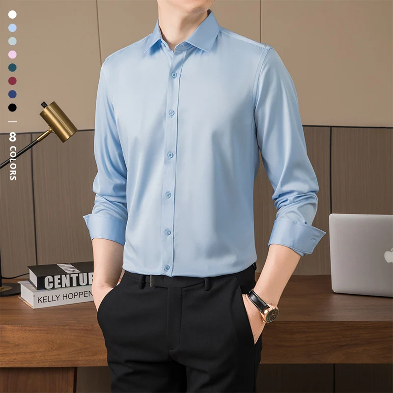 

2026 Spring Summer New Men's Business Dress Shirt Long Sleeve Formal Button Down Casual Blouse Office Work Smooth Shirt