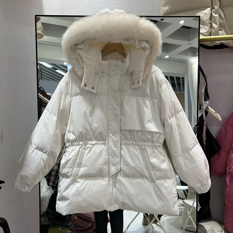 

Winter Women Real 2023 Natural Fur 90% White Duck Down Jackets Hooded Zipper Puffer Coat Female Thick Snow Short Parka