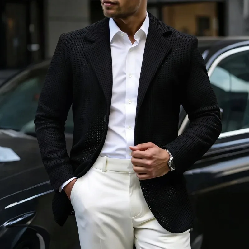 KIDWHXR Summer Men Suit Coat Thin Mesh Loose Breathable Knitted Male Blazer Single-breasthed Lightweight Casual Man Outerwear