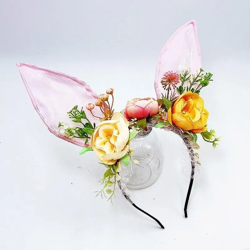 U4LE Duże króliczki Uszy Opaska do włosów Polichromowany kwiat Opaska do włosów Kobiece opaski Anime dla dzieci i młodzieży