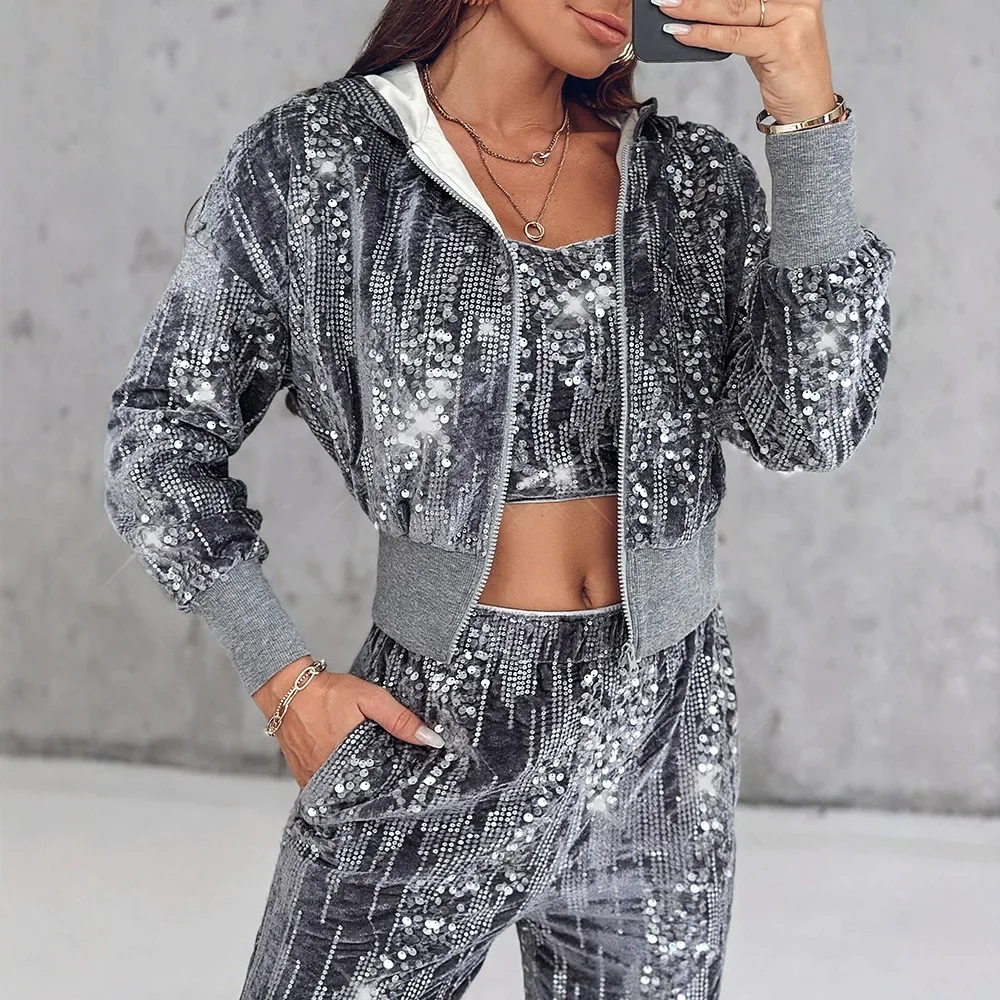 Fashion Sequin Jacket Women Clothing Hooded Y2k Casual Velvet Contrast Daily Long Sleeve Zip Up Coats for Female Streetwear