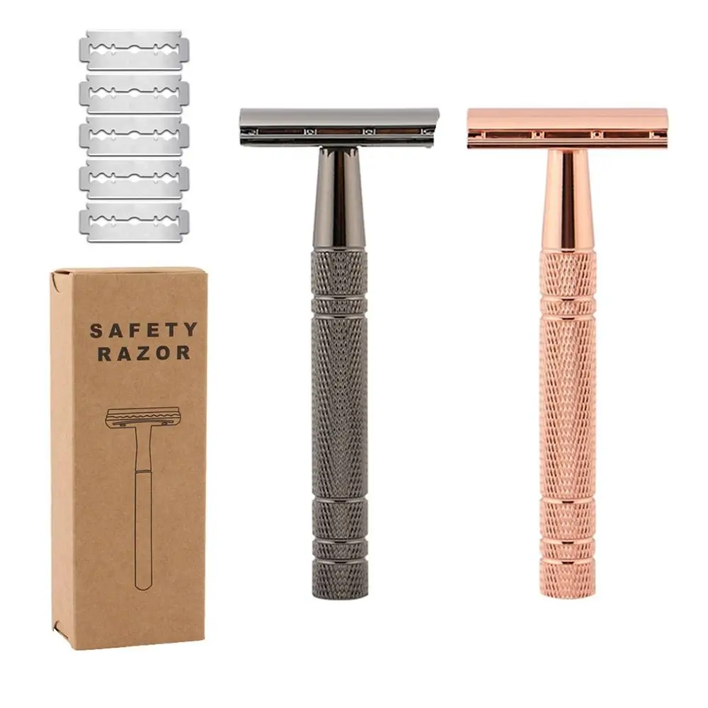 Rose Gold Silver Razor Classic Double Edge Safety Razor For Mens Shaving&Womens Hair Removal 5 Shaving Blades Manual Shaver
