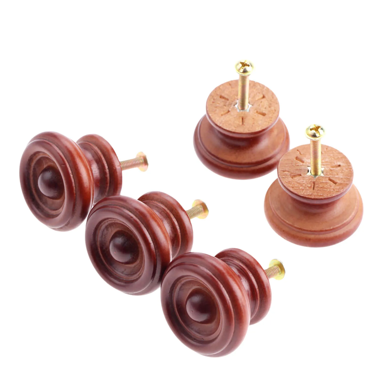 5 szt. Okrągłe drewniane pokrętło ze śrubami uchwyty meblowe do szafki do szuflady gałki i uchwyty drzwi do kredensu kuchennego drewna ściąga okucia