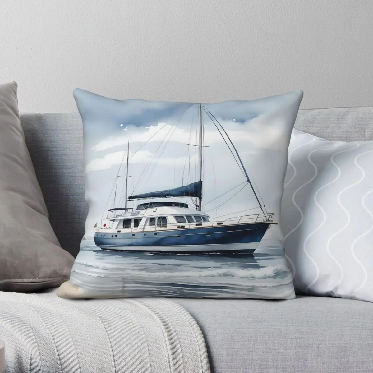 Beach House Charm Yacht Drift Square Pillowcase Polyester Linen Velvet Creative Zip Decor Throw Pillow Case Home Cushion Cover