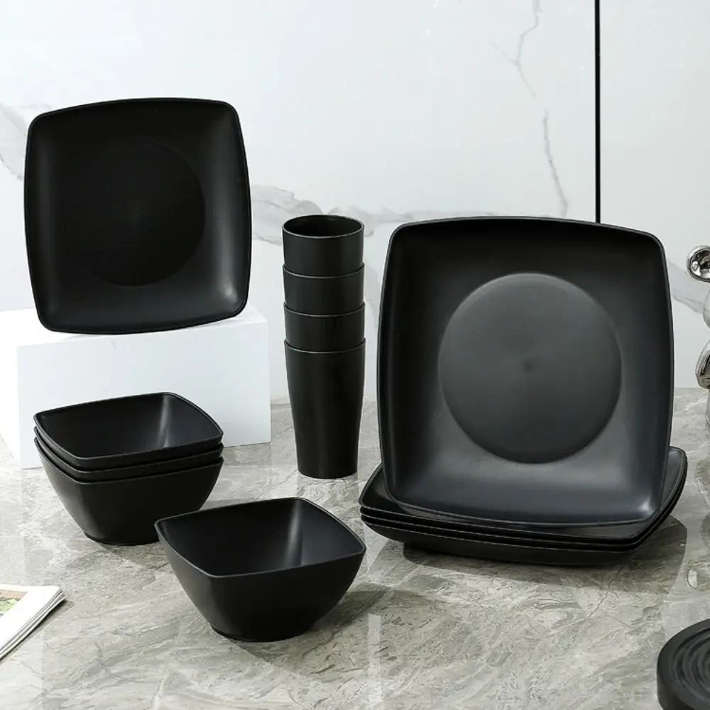 

16pcs/Set Square Plastic Dinnerware Set Wheat Straw Reusable Tableware Suit Thickened Large Capacity Dinner Plate Set Party