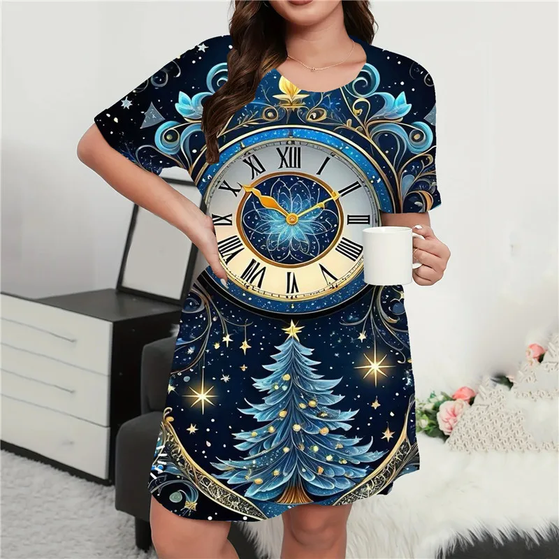 Christmas Print Dress Women Casual O-Neck Short Sleeve A-Line Dress Winter Fashion Plus Size Loose Mini Dress 9XL Summer Clothes