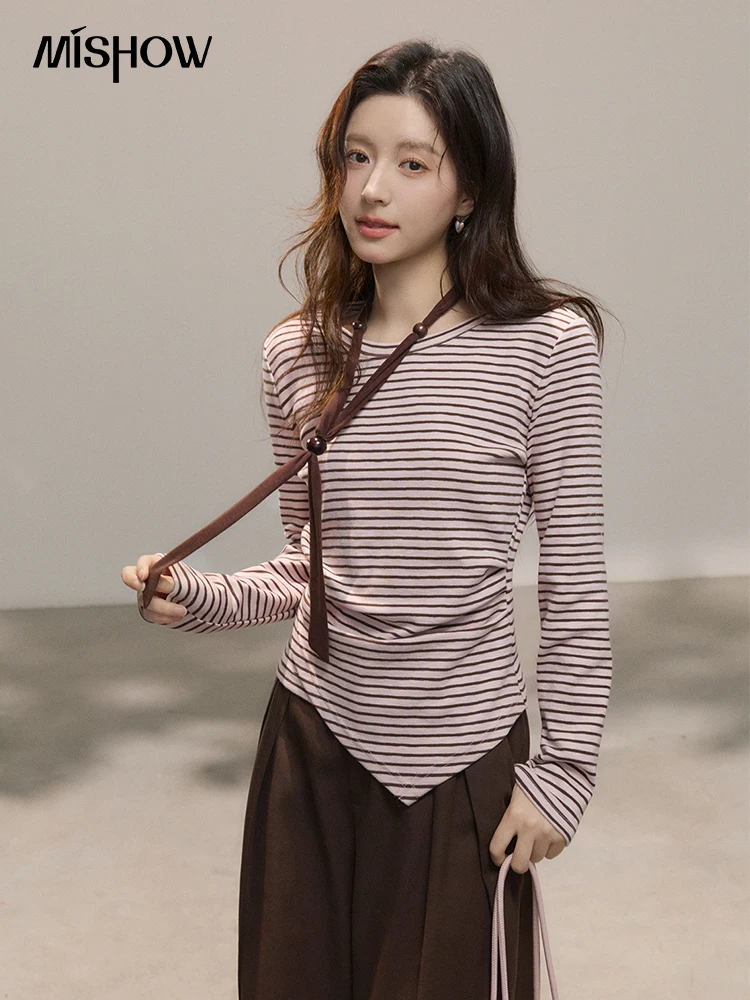 

Женские розовые полосатые топы с длинными рукавами MISHOW, футболки с асимметричным подолом и рюшами на талии, тонкие повседневные футболки MXF14Z3012