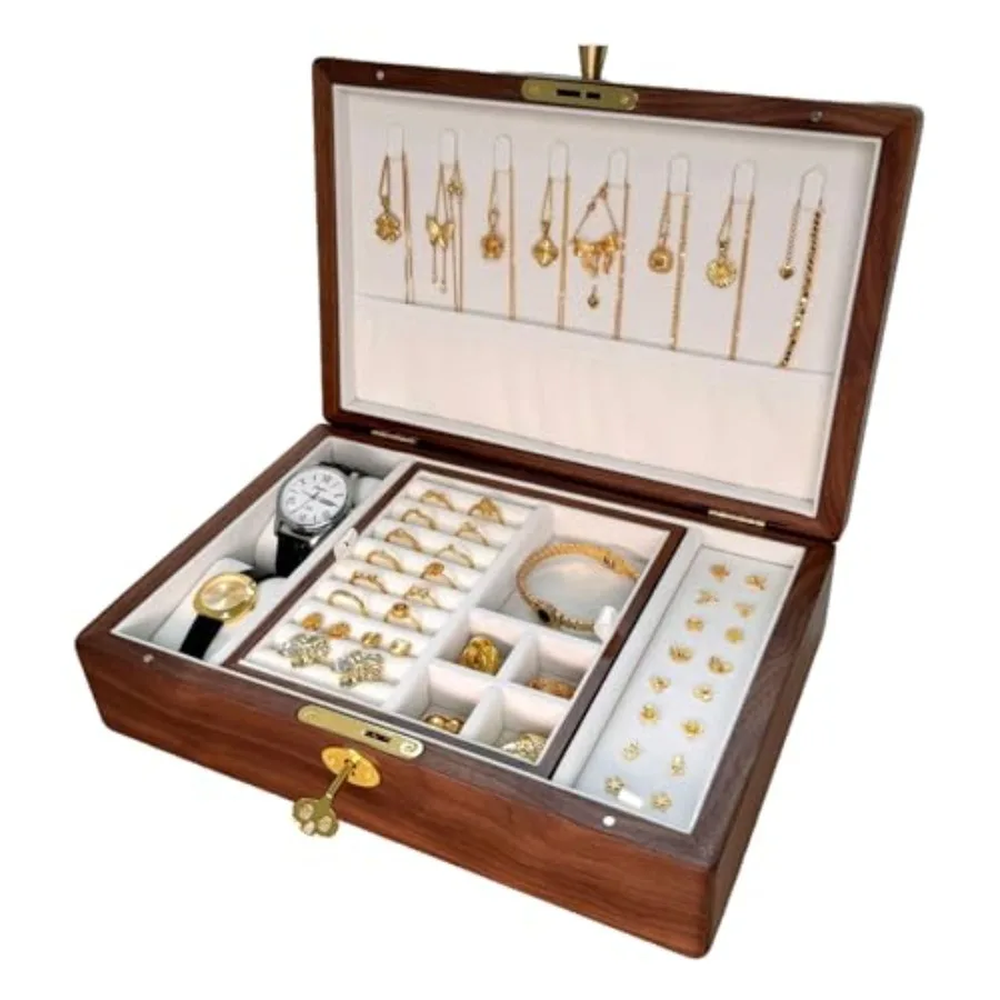 

2-слойная деревянная шкатулка для драгоценностей из массива черного ореха с замком и ключом для женщин, деревянный винтажный органайзер для мужчин, серьги, кольца, ожерелье