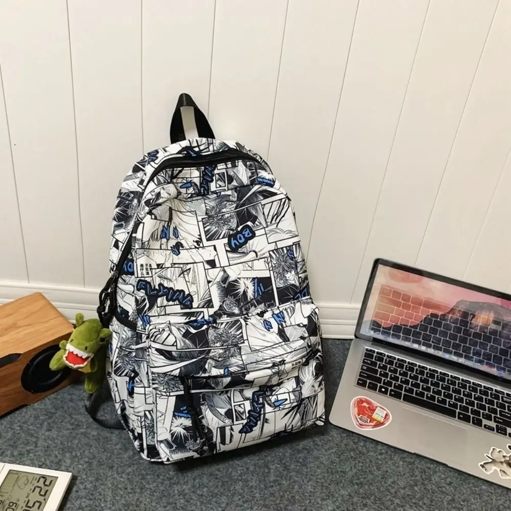 Nylon Graffiti School Bag Laptop Backpack Lightweight Large Capacity Backpack Tyrannosaurus Pendant Black Cartoon Print Bag