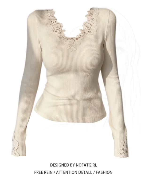

plus Size Women's Lace Trim V-Ne Knitwear Slim Fit Base Layer irt Long Sve Regular Length Color Korean Sle