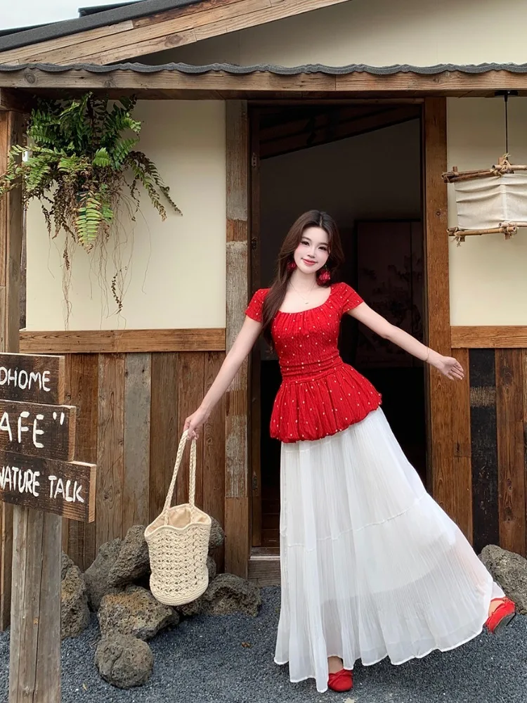 

plus Size Women's Polka Dot Bubble Sleeve Shirt High Waist Skirt Two Piece Set Summer New Style Korean Version Slim Fit Commute