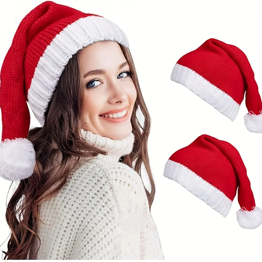 1/2 Stück gestrickte Weihnachtsmütze, Urlaubs-Wintermütze, weiche und warme Weihnachtsmütze mit Plüschball-Dekoration, Urlaubsparty-Zubehör