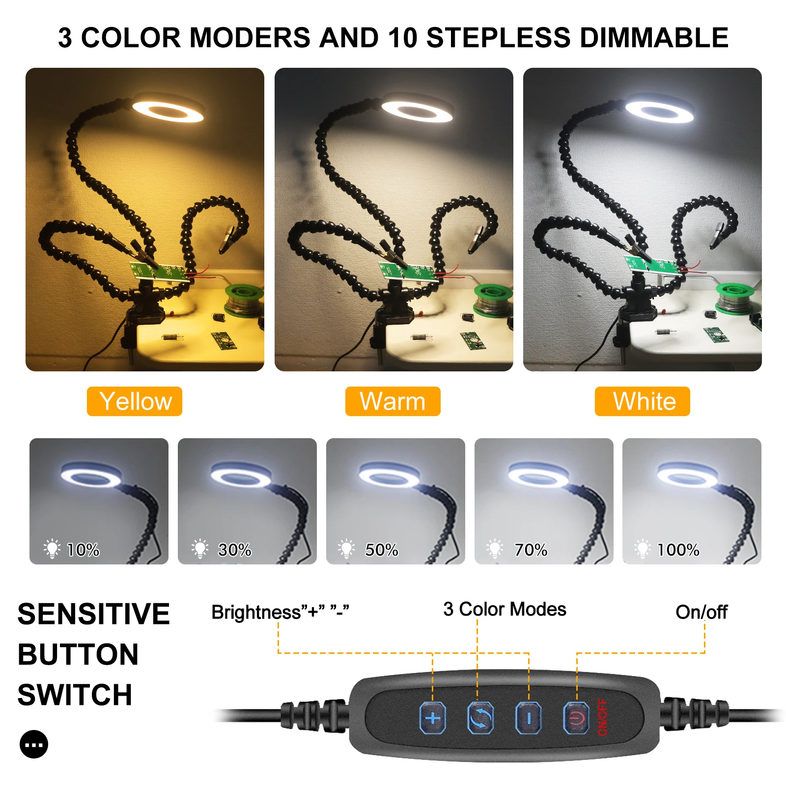 DONour-Outil de soudage de troisième main avec loupe lumineuse LED USB 3X, bras flexibles, mains secourables, soudage PCB, 3 pièces