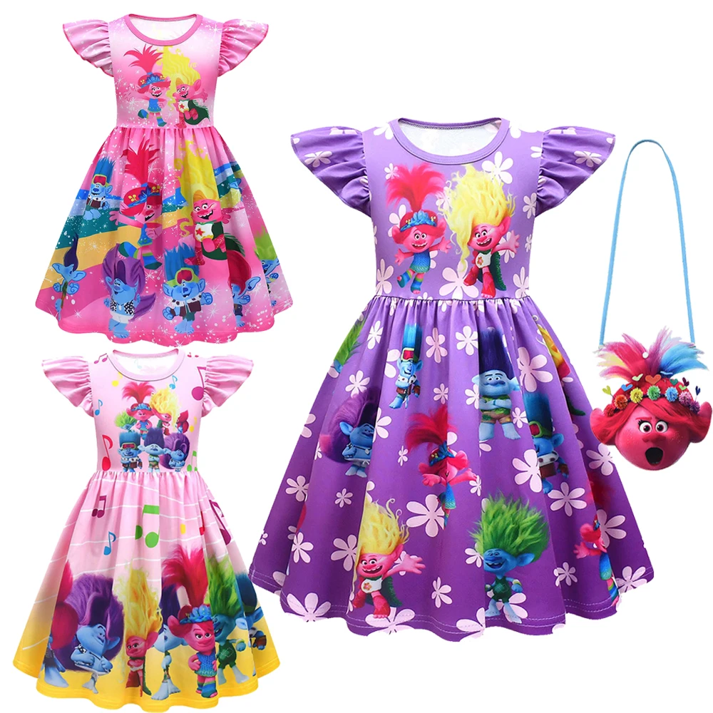 Kids Poppy Trollsing 3 Costume Cartoon Trolls Dresses for Girl Flying Sleeve Dress+bag Magic Elf Summer Girl Fairy Flower Outfit