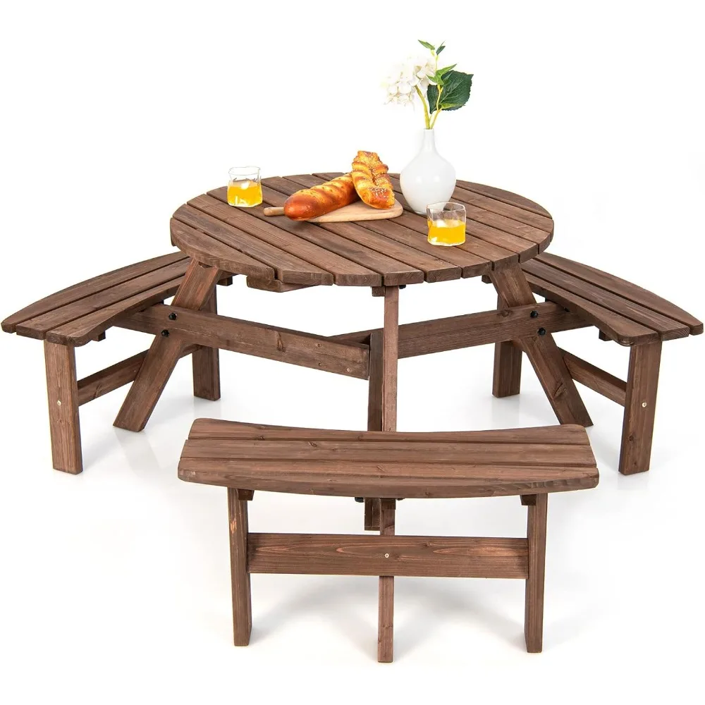 

6 Person Wood Picnic Table, Outdoor Round Picnic Table with 3 Built-in Benches, Umbrella Hole, Outside Table and Bench