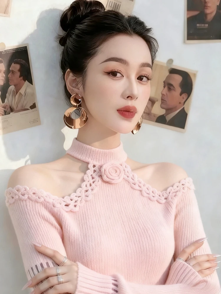 

Pink Knitted oulder Bared Sweater Women's Autumn Winter Design Slimming Floral Print Inner Wear Base Top for Young Girls