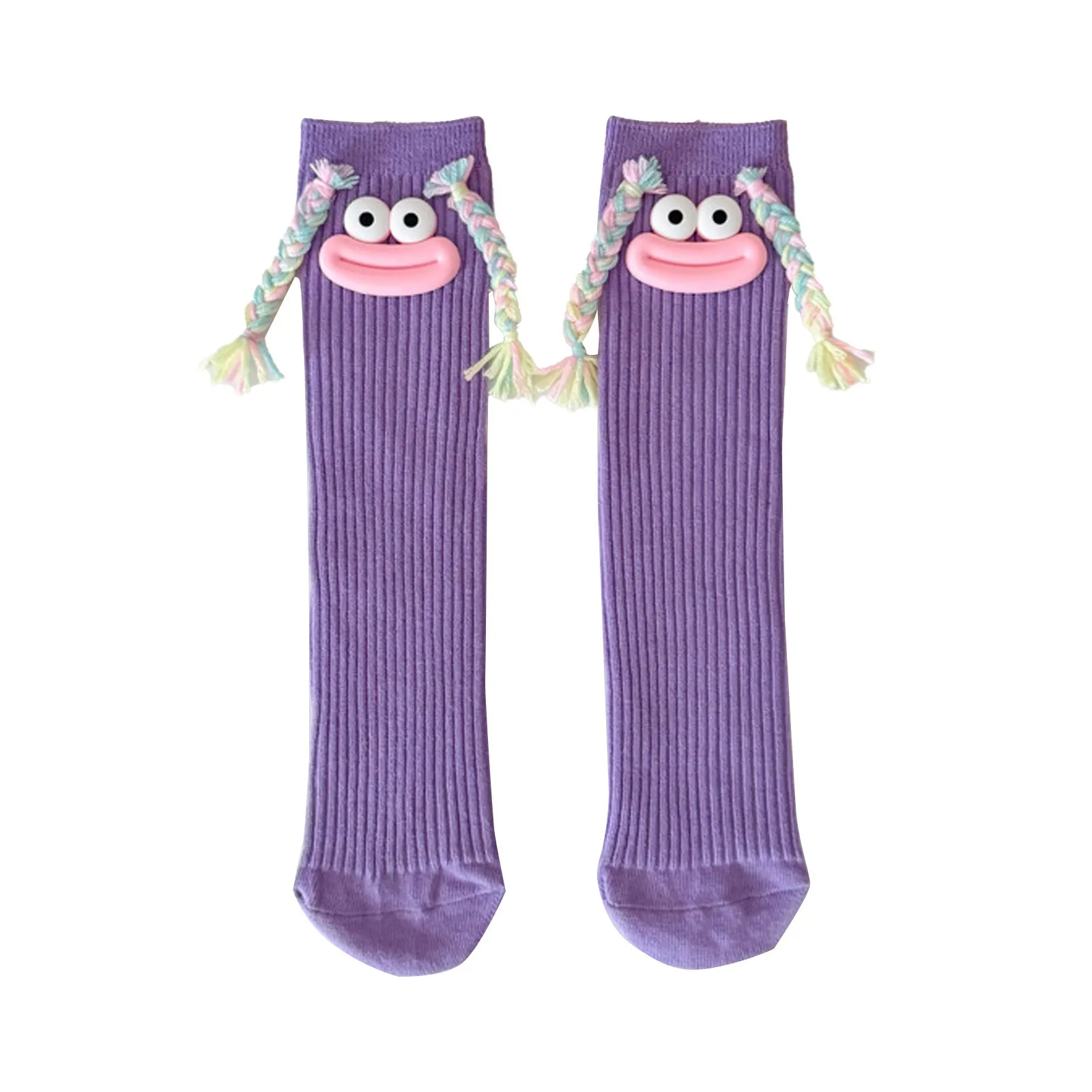Woman Mid Length Kawaii Cartoon Colorful Sock Girl Big Mouth Braids Funny Cotton Long Socks Female Cute Over Knee High Stockings image 5