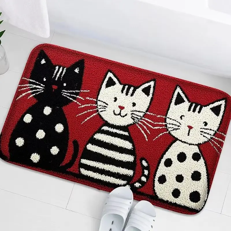 VIKAMA Cute Cat Bathroom Floor Mat Three Kittens Peek over Wooden Edge Cartoon Rug Absorbent Washable Soft Cozy Home Decor