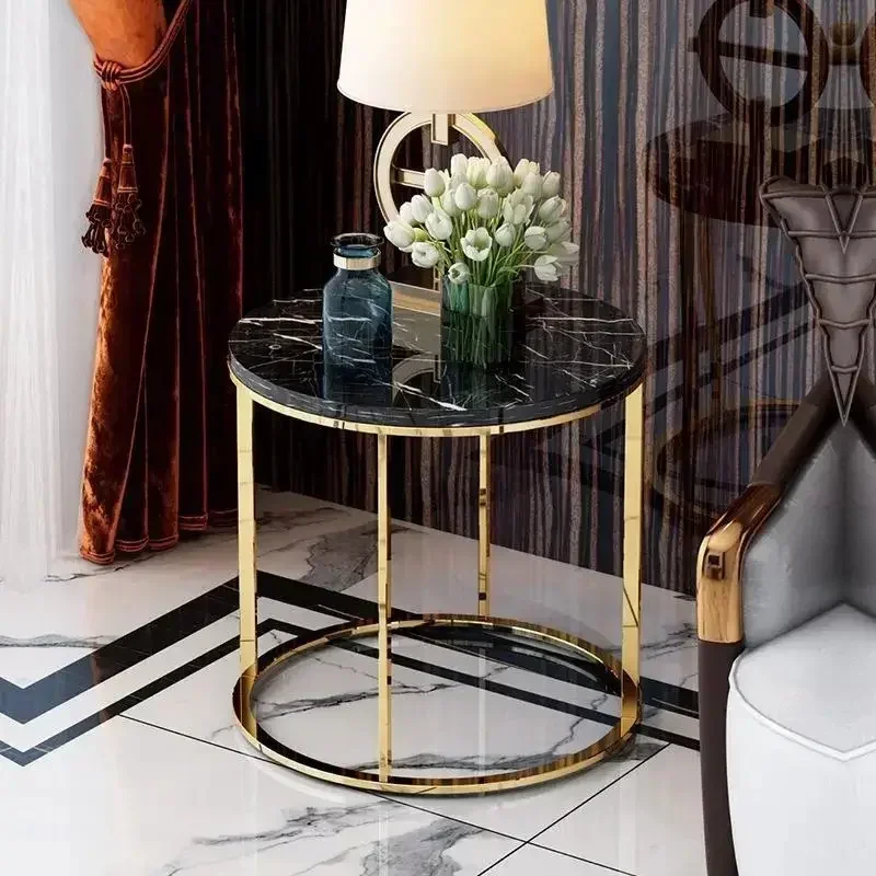 โต๊ะข้างโซฟาสำหรับห้องนั่งเล่น โต๊ะกลางทันสมัย โต๊ะกลมสแตนเลสกระจก โต๊ะกาแฟหรูหราสไตล์นอร์ดิก ของตกแต่ง