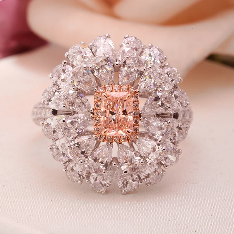 AEAW 10k White Gold 0.5CT Main Stone 4.9ctw Side Stone Fancy Pink Radiant Cut CVD HPHT Lab Grown Diamond Engagement Ring NGIC