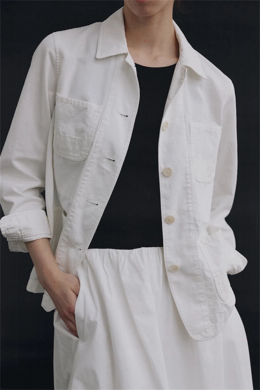 

Preon Workwear Early Spring NW Commute Versatile Multi-ket Jaet Top Cotton Long Sve Collar Regular Fit Pure Color